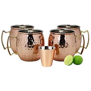 A29 Moscow Mule 100% Solid Pure Copper Mug/Cup (16-Ounce/Set of 4, Hammered) with 1 Copper Shot Glass and 4 Copper Straws