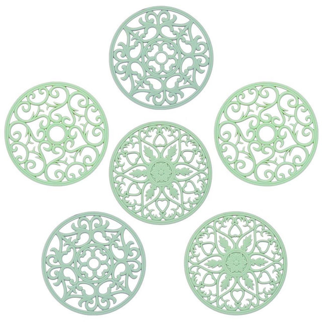 Nstezrne Silicone Trivets Mats for Hot Dishes, Pots and Pans, Multi Purpose Trivets Mat -Heat Resistant Silicone Trivet Intricately Carved Hot Pads Set of 6 Green