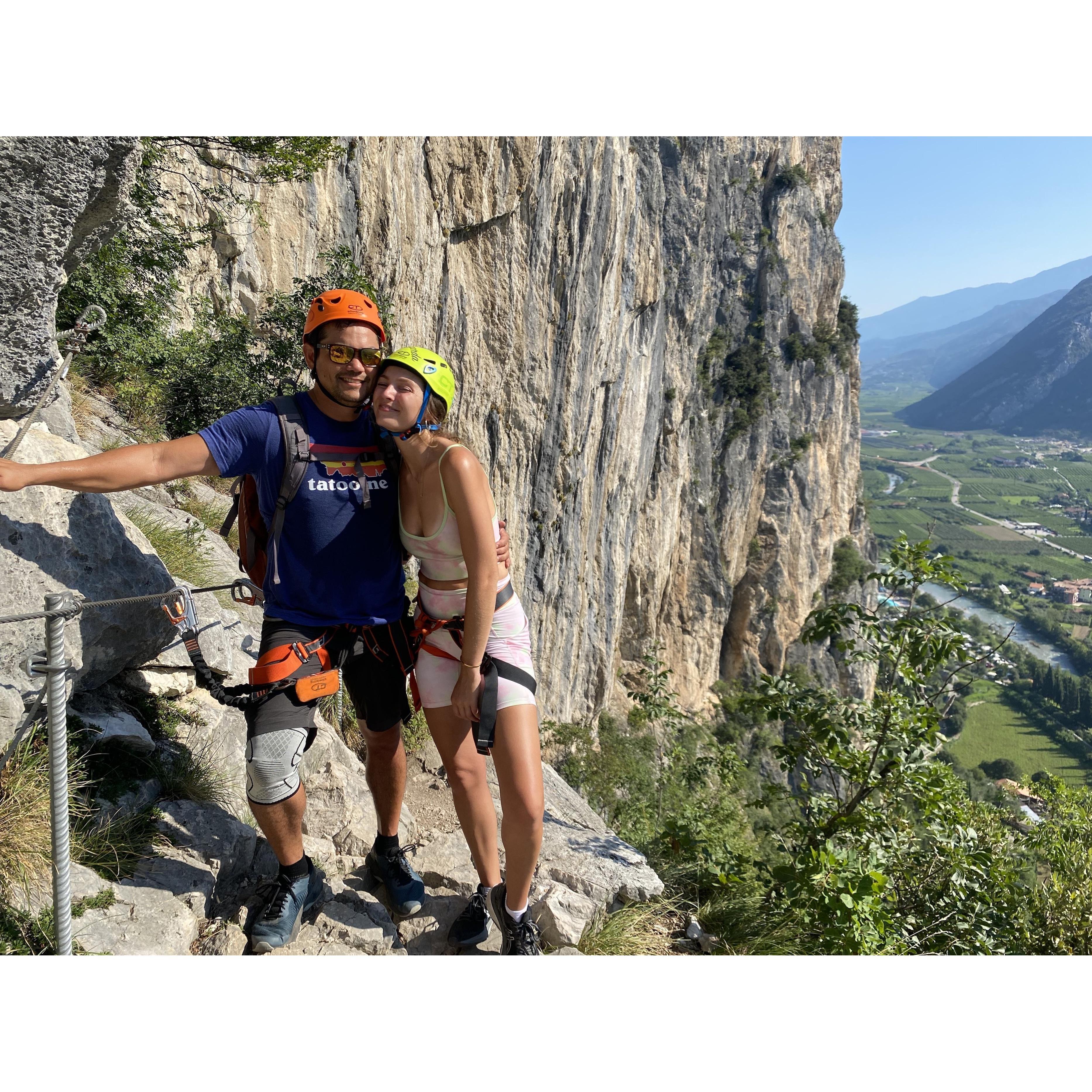 Two adventurers climbing the Verra Ferraras of northern Italy.