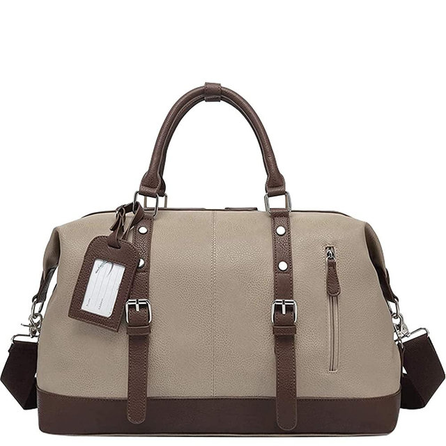 IBLUE Oversized Pu Leather Trim Travel Tote Duffel For Men,Weekend Shoulder Bag Weekender Overnight Carryon Handbag Durable Water-proof Bag,#B003 (Khaki)