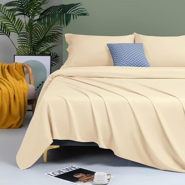 Shilucheng 100% Cooling Bamboo Sheets Set- King Size 1800 Thread Count Soft Bed Sheets,16 Inch Deep Pocket,Breathable,Comfortable and Pilling Resistant -4PC(King,Beige)