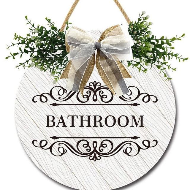 Bathroom Sign Bathroom Decor Sign Front Door Decor, Wood Round Wreath, Holiday Room Door Decor For Housewarming Gifts Room Office Door Sign 11" By Weytff