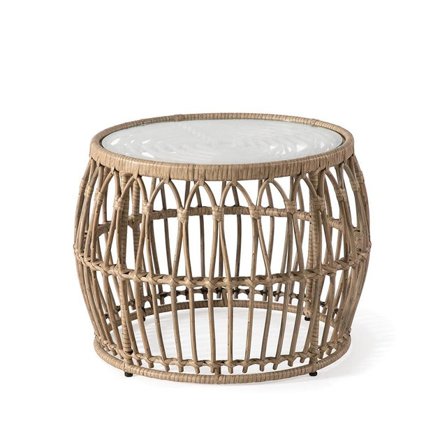 Muse & Lounge Co. Ysar Boho Rattan Round Coffee Table Outdoor with 5mm Tempered Glass Top, All-Weather and Rust Resistant, Handcrafted Coastal Furniture for Patio, Poolside, Garden, Yard, Natural