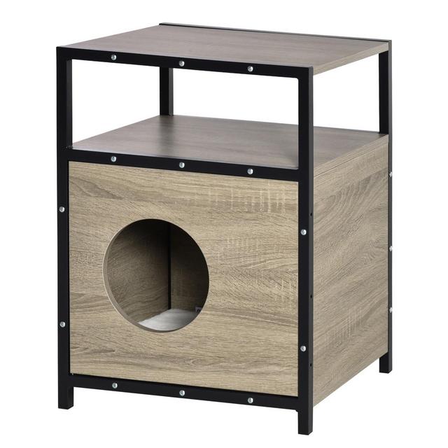 PawHut Wooden Cat House Kitten Condo Shelter Bed w/Soft Cushion Cat Litter Box Enclosure End Table Hideaway Cabinet Storage, gray