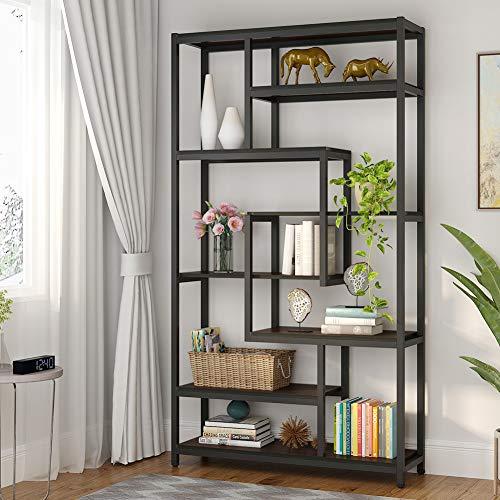 Tribesigns 8-Shelves Staggered Bookshelf, Rustic Industrial Etagere Bookcase for Office, Vintage Book Shelves Display Shelf Organizer for Home Garden