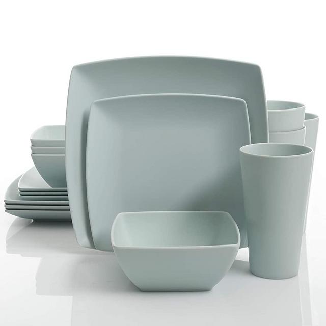 Gibson Home Soho Grayson Square Melamine Dinnerware Set, Service for Four (16pcs), Mint