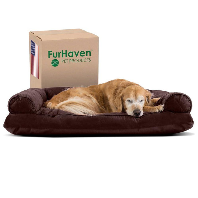 Furhaven Pillow Dog Bed for Large Dogs w/ Removable Bolsters & Washable Cover - Quilted Sofa - Coffee, Jumbo/XL