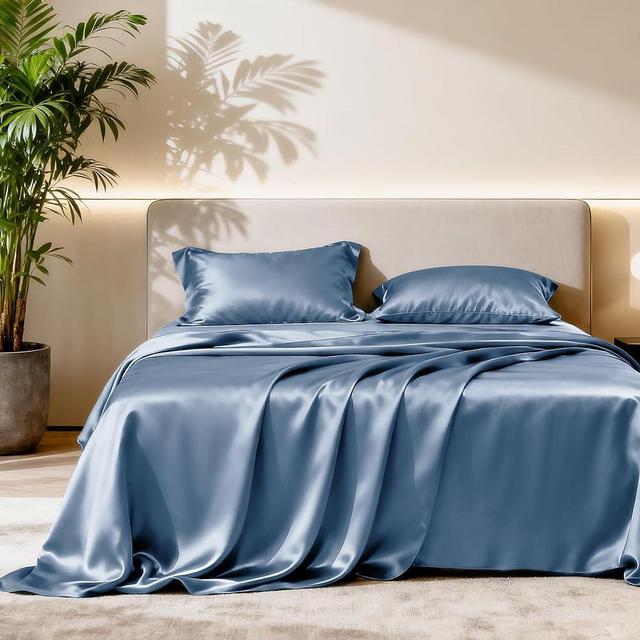 Love's cabin Satin Queen Sheets Set - 4 Piece Ash Blue Silky Bed Sheets Set with Deep Pocket, Luxury Silk Feel Satin Queen Size Sheet Set (1 Flat Sheet,1 Fitted Sheet,2 Pillow Cases)