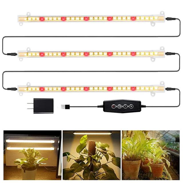 Grow Light Strips 3 Bars, 90 LEDs 3500K Full Spectrum Sunlight Plant Growing Lamp for Indoor Plants with Multi-Levels Brightness, Auto On/Off Timing 4/8/12Hrs