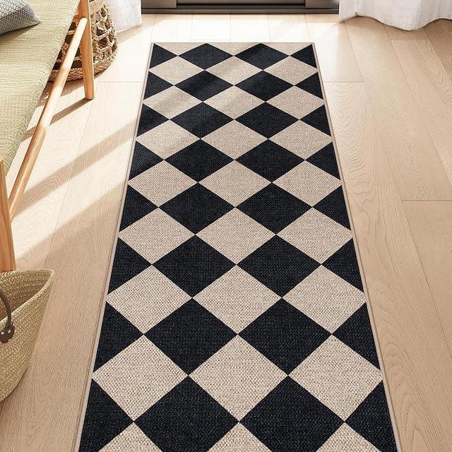 Lahome Checkered Easy Jute Runner, 2x6 Kitchen Runner Rug Non Slip Washable Outdoor Rug for Entryway Indoor, Checkerboard Black Indoor Outdoor Carpet for Hallway 6ft Entry Front Door
