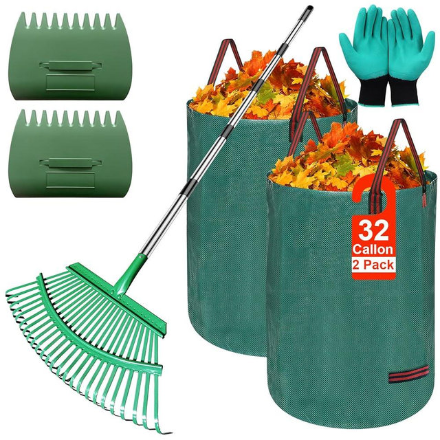 𝟕𝟑 𝐈𝐧𝐜𝐡𝐞𝐬 Rake for Leaves, 25 Tines Metal Leaf Rake Set with 2 Pack 32 Gallon Leaf Bags Scoops, Garden Leaf Rakes for Yard Gardening Lawns Yard Outdoor Camping Shrub Grass Bush