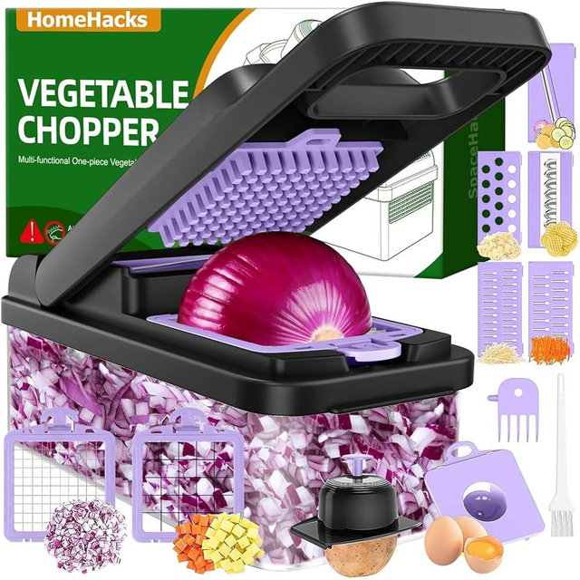 HomeHacks Vegetable Chopper Vegetable Cutter, 12 in 1 Kitchen Gadget, Dicer, Slicer, Onion Cutter, Salad, Cheese Grater & Egg Separator - Multi-Functional Veggie Chopper Lid with Handle (Purple)