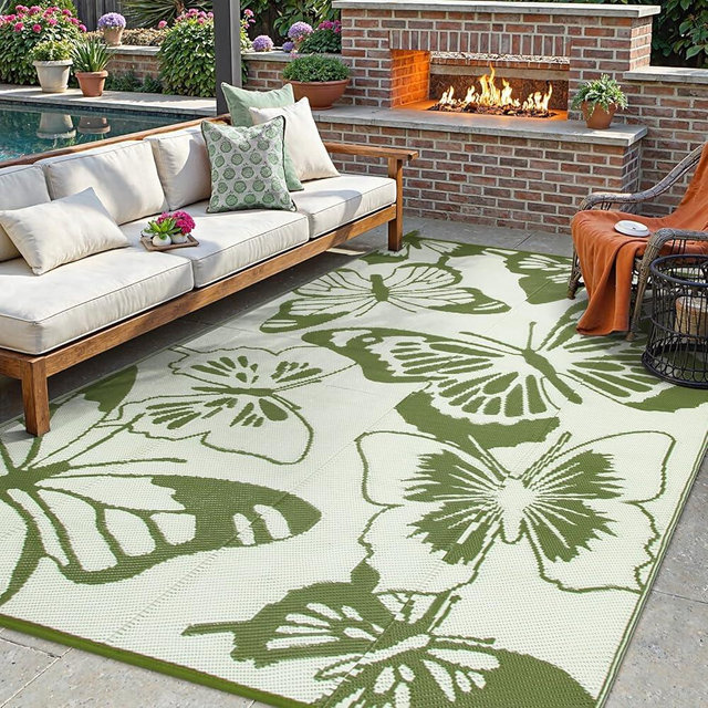 Beeiva Butterfly Outdoor Rug Waterproof 6x9, Large Washable Reversible Outdoor Camping Rugs, Foldable Plastic Indoor Outdoor Rug for Patio, Deck, Balcony, Backyard- Green