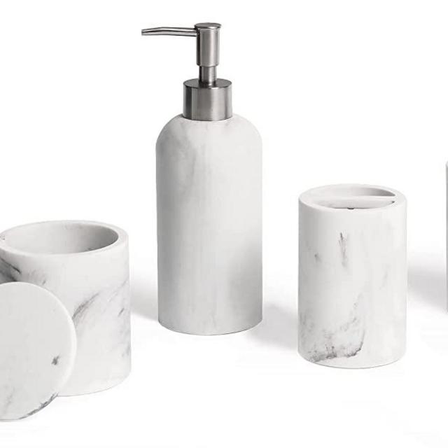 Jo Lavie Bathroom Accessories Light Marble White Set Of 4, Bathroom Organization, Bathroom Accessory Set - Soap Dispenser, Bathroom Jars, Toothbrush Cup, Brush Holder, Made of Resin, Modern Home Decor
