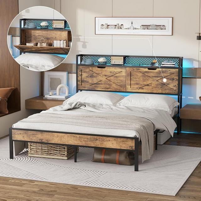 Vabches Queen Size LED Bed Frame with Storage Headboard, Platform Metal Farmhouse Bed with Charging Station, 2 Hidden Shelves, Noise-Free, Vintage Brown