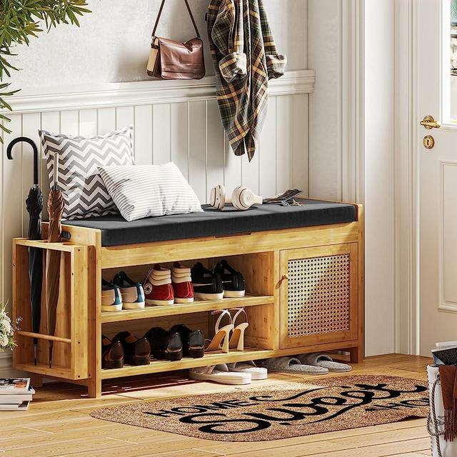 FORABAMB Shoe Bench, Shoe Storage Bench with Padded Cushion, Entryway Bench with Flip-Open Storage Box, Multifunctional Shoe Organizer Shelf with Umbrella Stand, Shoe Rack Bench for Entryway, Bamboo