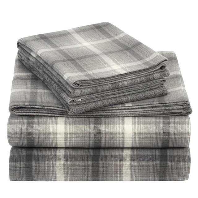 California Design Den Flannel Queen Sheet Set - Made in Portugal 100% Cotton, Thick, Velvet Soft 4-Piece Flannel Sheets Queen Size Set, Triple-Brushed with Extra Deep Pockets - Grey Plaid