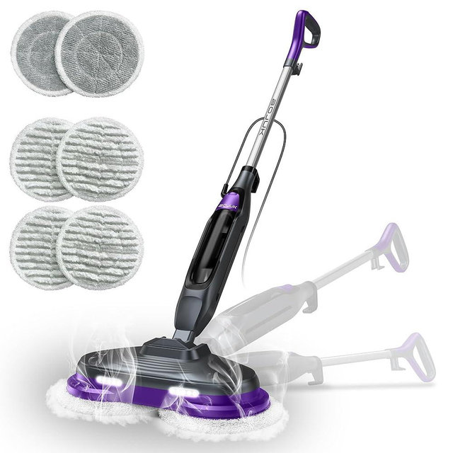 BOJUK Scrub & Steam Mop with Rotating Mop Pads, 4 Cleaning Modes & LED Headlights, 6 Scrub Pads, Large Tank, Swivel Steering, All-in-One Hard Floor Cleaner