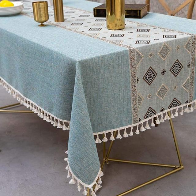 Deep Dream Tablecloth, Embroidered Table Cloth Cotton Linen Wrinkle Free Anti-Fading Tablecloths Washable Dust-Proof Table Cover for Kitchen Dinning Party, 55 x 86 Inch - Blue