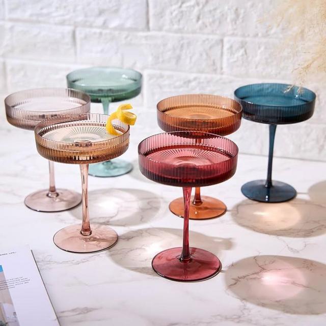 Vintage Art Deco Coupe Glasses Ribbed Coup Martini, Champagne & Cocktail 7oz | Set of 6 | Modern Muted Pastel Colored Crystal Glassware, Manhattan Goblet Cocktails, Ripple Glassware Gifts - Gift Box
