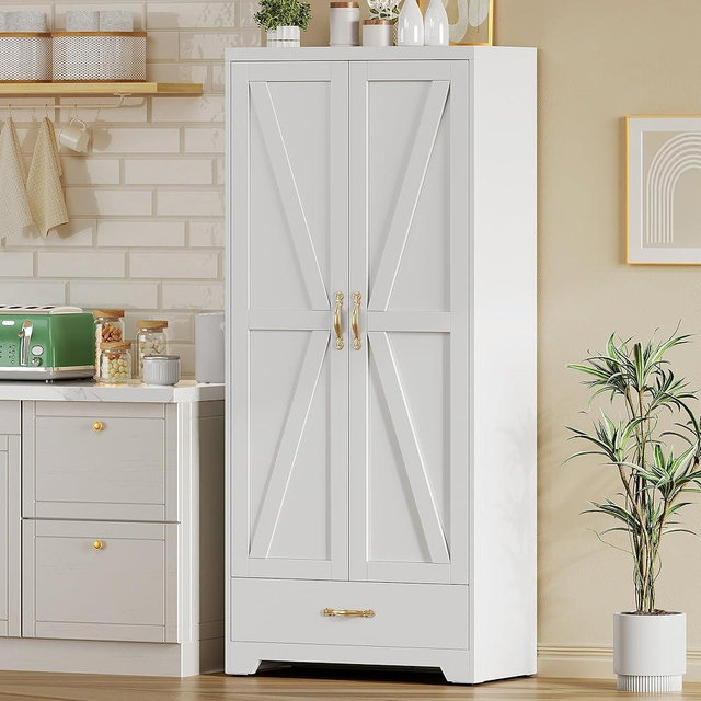 DWVO 62" Pantry Cabinet with Doors and Shelves, Metal Kitchen Storage Cabinet with Magnetic Door & Adjustable Shelves, Farmhouse Tall Cabinet for Dining Room, Kitchen, White