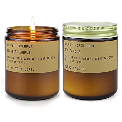 Scented Aromatherapy Candles for Home, Long Burning Jar Soy Candles, Organic Candles for Stress Relief Relaxation, Gifts Set for Women, Lavender & Fresh Rose, 2 Pack
