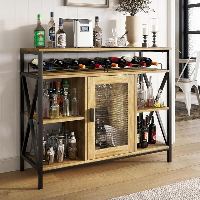 Vividwood Wine Bar Cabinet with Storage, Industrial Liquor Cabinet with Wine Rack & Glass Holder, Small Wood Metal Cart Bar Alcohol Table Sideboard Buffet for Home Kitchen Living Room, Oak