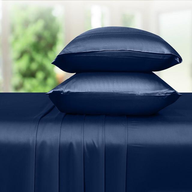 Soft Silk-Like Cooling Bed Sheets, Deep Pocket Sheets Set by California Design Den - Navy Blue, Queen