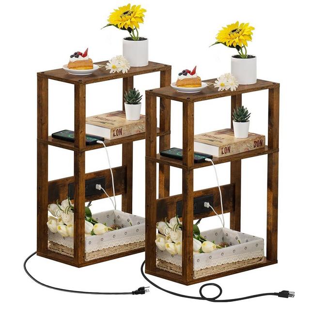 YUFAM 3-Tier Small Narrow Wood Side Table Set of 2 with Charging Station - Skinny Nightstand for Small Spaces, Slim Bedside Table with USB Ports and Outlets - Thin End Table with Storage, Brown