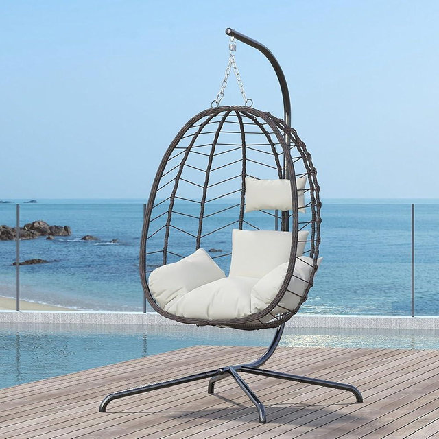 LEX CRAFT Hanging Egg Chair with Stand, Swinging Egg Chair Outdoor Indoor, Hanging Basket Chair with Cushion, Patio Wicker Hammock Chair 350lbs Capacity for Bedroom, Balcony, Backyard, Garden (Beige)