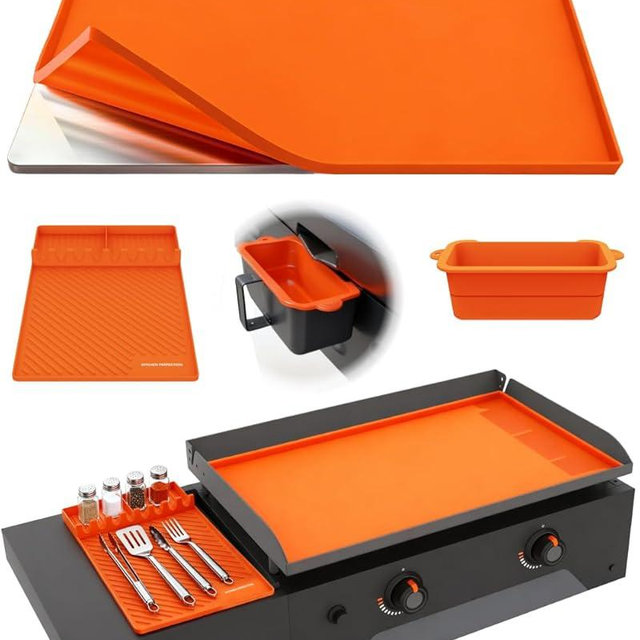 KITCHEN PERFECTION Ultimate Kit for Blackstone Griddle 28 Inch - Silicone Griddle Cover Mat + Griddle Accessories Mat + 2 PCS Silicone Grease Cup Liners Hermetic Protection from Rust & Debris All Year