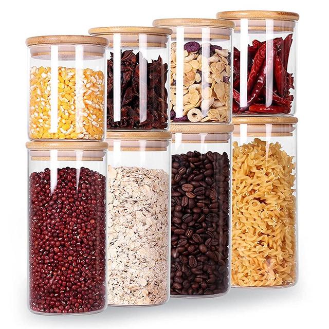 Glass Jars with Airtight Wooden Lids, 8 Pack Flour and Sugar Containers, Glass Canister Set for Coffee Container, Loose Leaf Tea Storage, Cookie Jar (15OZ&27OZ)