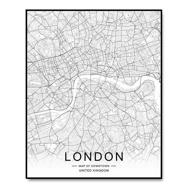 London City Downtown Map Wall Art London Street Map Print London Map Decor City Road Art Black and White City Map Office Wall Hanging 8x10 inch No Frame
