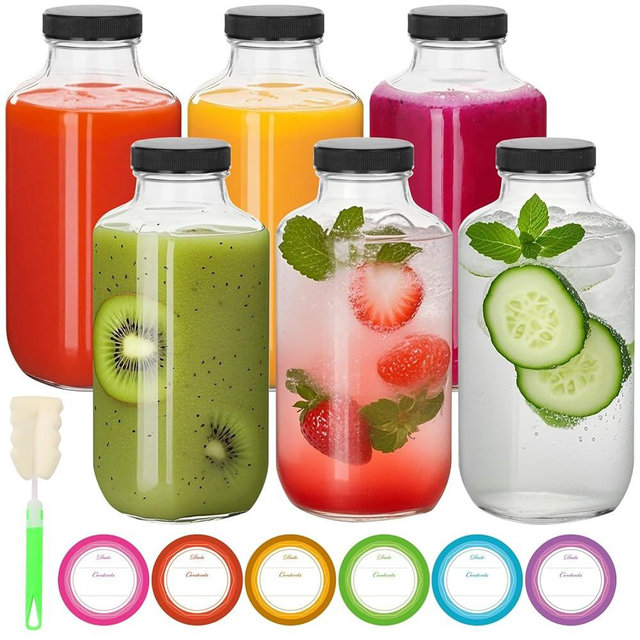 BIGIVACA 16 oz Glass Juice Bottles with Lids,6 PACK Bottles for Juicing,Square Drinking Jars Glass for Coffee,Cola,Milk,Tea in Travel,Work,School