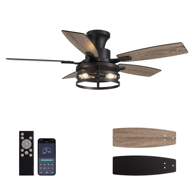 Siljoy 42 Inch Farmhouse Flush Mount Ceiling Fan with Light and Dual Blades for Patio Bedroom and Living room