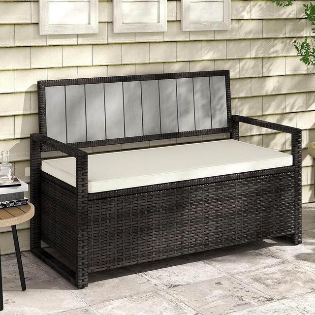 DWVO 70 Gallon Outdoor Storage Bench, Weather-Resistant Deck Box Bench, Wicker Storage with Cushion Seating for Patio, Outdoor, Pool and Garden (Brown)