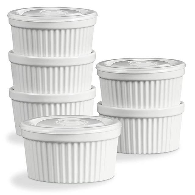 ONEMORE Ceramic Ramekins with Lids - 8oz, Set of 6 - Oven Safe Baking Dishes/Cups - For Crème Brulee, Pudding, Serving Dip, Fruit, Ice Cream - White