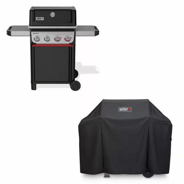 Spirit SB-E-425 4- Burner Liquid Propane Gas Grill in Live Chat Black with Sear Zong Weber Works Compatibility, and Grill Cover by Weber