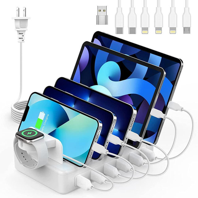 CREATIVE DESIGN Charging Station for Multiple Devices, 50W 6 Ports Charging Dock with 6 Cables Compatible with Cellphone,Tablet, Kindle, Smartwatch and Other Electronic