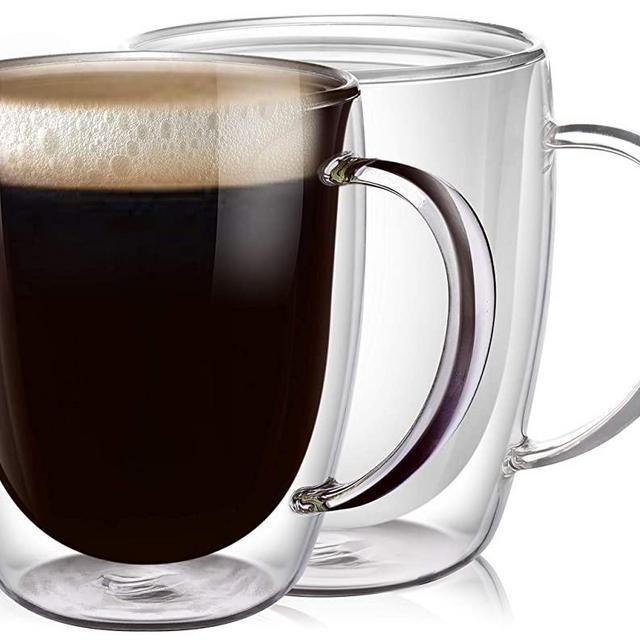 PunPun Clear Coffee Mug,Double Wall Insulated Coffee Mug,Perfect size for Drinking Glass, Mugs with Handle,Glass Coffee Mugs, Lead Free and FDA Approved, Hand Made, Set of 2, Each 12.9 Ounces, 380ml