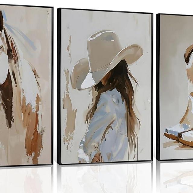 3pcs Western Cowgirl Wall Art Cowboy Boots and Horse Paintings Pictures with Hat Cowgirl Canvas Prints Poster Western Oil Paintings Style Decoration for Living Room Bedroom Home Wall Decor Unframed