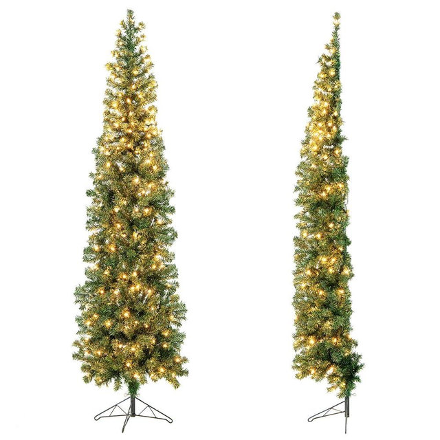 Goplus 7ft Prelit Half-Shape Christmas Tree, Space-Saving Slender Artificial Xmas Tree with 150 Lights, 450 Branch Tips, Foldable Metal Stand, for Indoor, Office, Home, Party, Holiday Decor