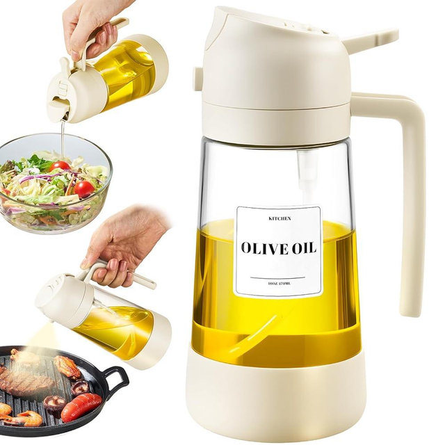 PARACITY Oil Dipenser Bottle with Silicone Bottom, 2 in 1 Olive Oil Sprayer and Dispenser, Oil Spray Bottle 500ML/ 17OZ for Cooking, Kitchen, BBQ, Air Fryer, Salad, Baking(1PC White)