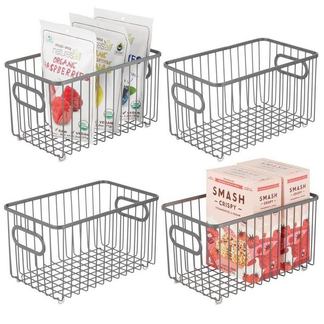 mDesign Metal Farmhouse Kitchen Pantry Food Storage Organizer Basket Bin - Wire Grid Design - for Cabinet, Cupboard, Shelves, Countertop, Closet, Bedroom, Bathroom - 10" Long, 4 Pack - Graphite Gray