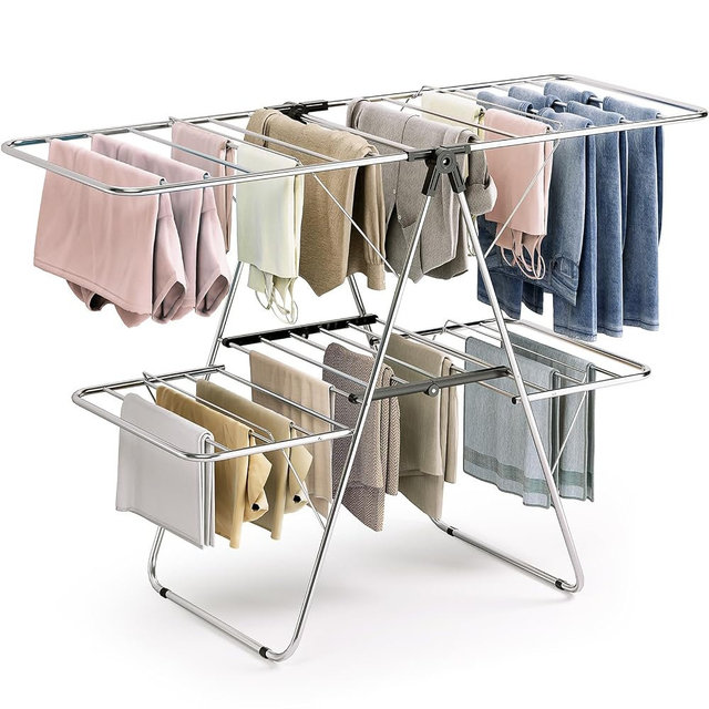 APEXCHASER Clothes Drying Rack, Foldable 2-Level Drying Rack Clothing, Stainless Steel Free-Standing Laundry Airer, with Height-Adjustable 4 Wings, Matte Black
