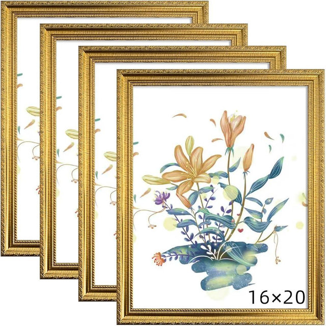 BESCRCL 16x20 Picture Frame Gold, Frames for Wall Display, Rustic Vintage Photo Frame with Shatterproof Crystal Acrylic, 4 Pack