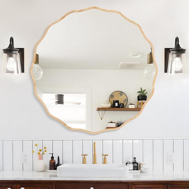 FUWU HOME 32 Inch Wavy Round Wall Mirror - Modern Decorative Circle Mirror for Bathroom, Bedroom, Living Room, Nursery, Office Entryway - Natural Wood Frame
