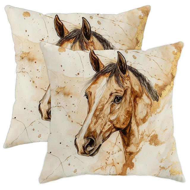 Horse Pillow Covers Set of 2, Golden Brown Equine Art Throw Pillows Case, Rustic Decorative Square Farmhouse Decor Cushion Covers for Home Sofa Bed Couch 20x20 Inch