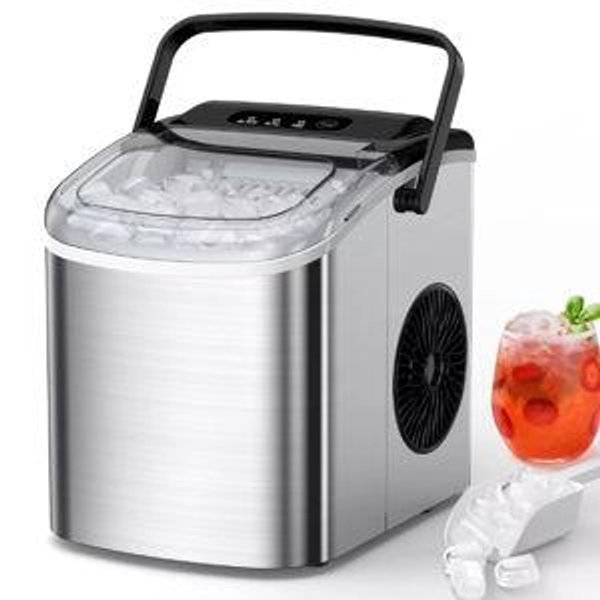 ZAFRO Ice Maker Countertop, Portable Stainless Steel Ice Machine with Self-Cleaning,26.5lbs/24H,9 Bullet Ice Cubes in 6 Mins,Ice Basket and Scoop