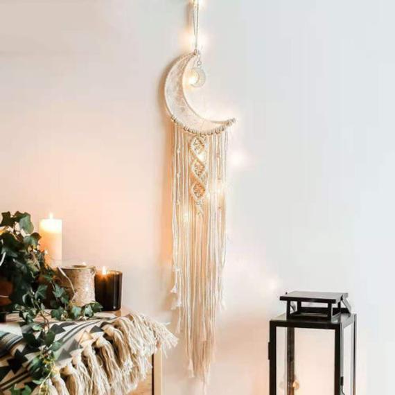 Crescent Moon Dreamcatcher Wood Beads (UNASSEMBLED Led Fairy Lights) Macrame Tapestry Wall Decoration Large Girl Boy Nursery Wall Hanging